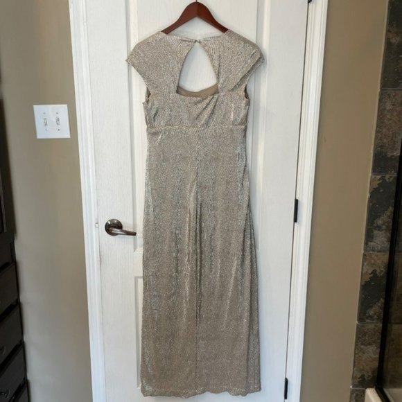 Lauren | Ralph Lauren Evening Gold Metallic Maxi Dress Gown Slit Stretch 10 Long - Picture 6 of 10
